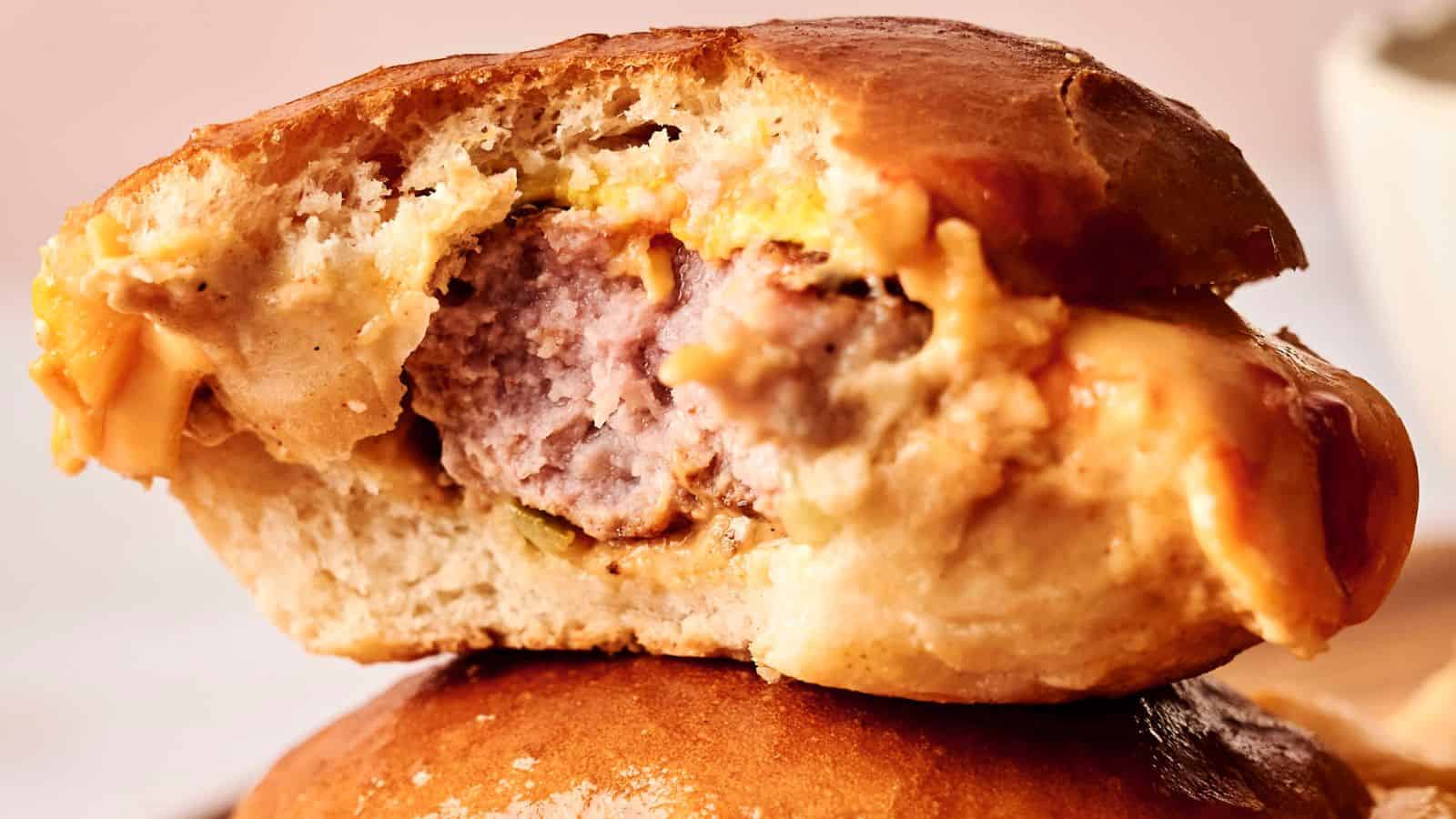 Close-up of a partially eaten burger with cheese in a bun, showing the meat patty's texture.