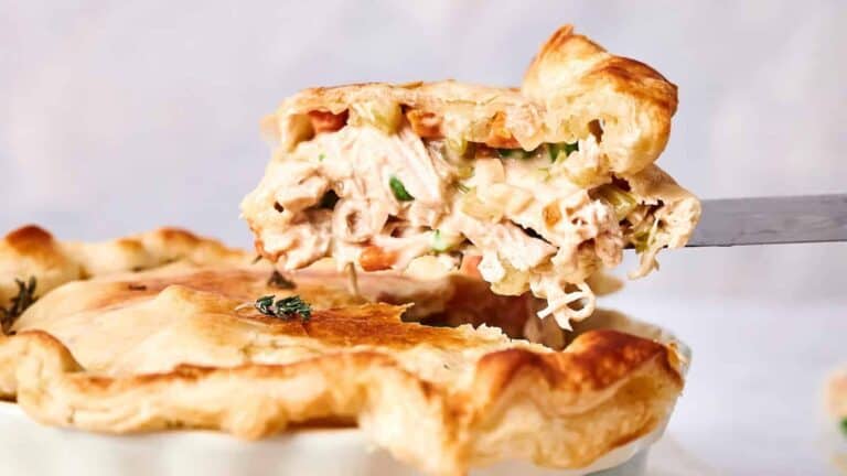 Chicken Pot Pie with creamy filling with chunks of chicken and vegetables.