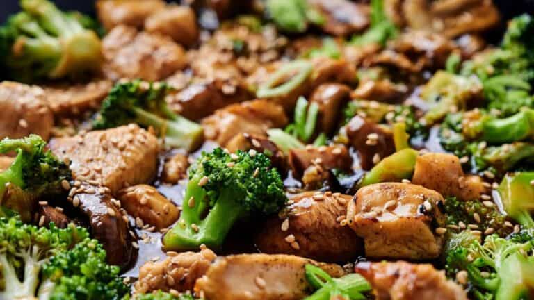 Chicken and Broccoli Stir Fry coated in soy-based sauce.