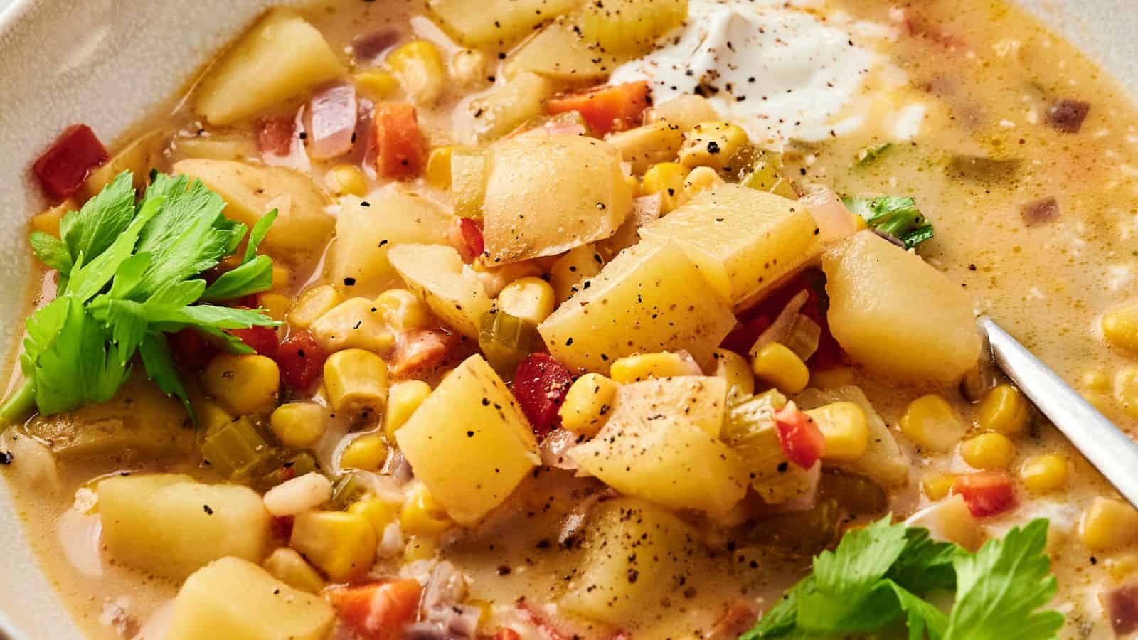 A close-up of a hearty potato and corn chowder with diced vegetables and a dollop of sour cream, garnished with fresh parsley.