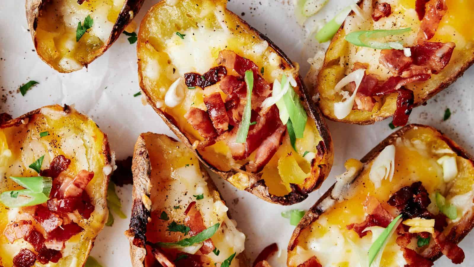 Close-up of loaded potato skins topped with melted cheese, bacon bits, and sliced green onions on a white background.