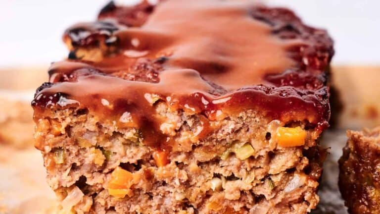 Easy Meatloaf Recipe with glossy sauce.