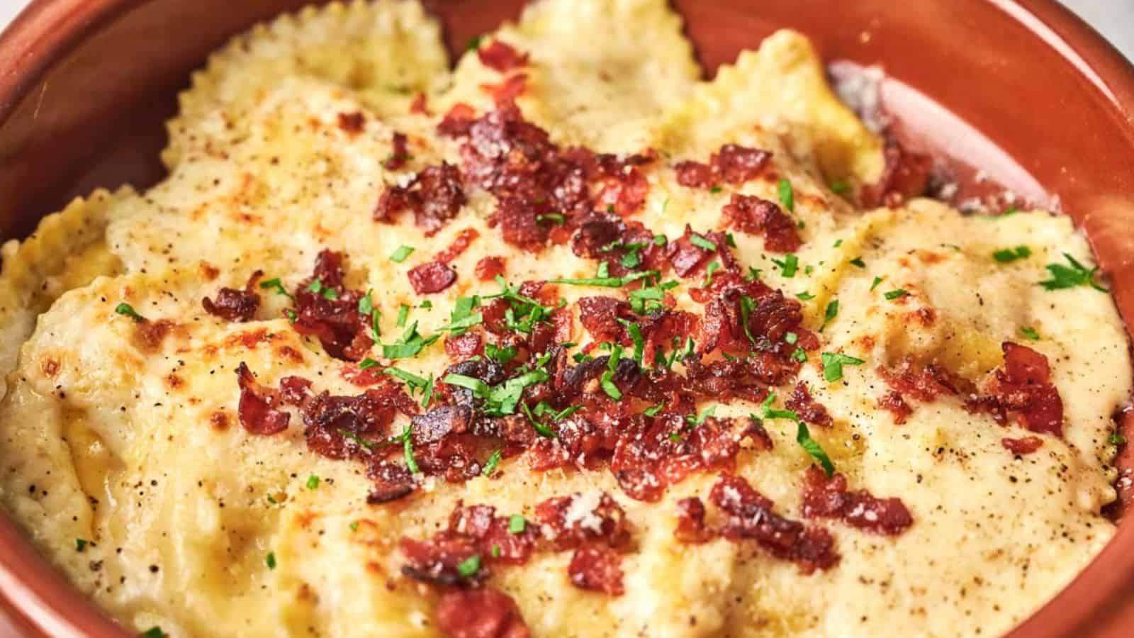 A dish of ravioli with bacon and parsley that can be found at Olive Garden.