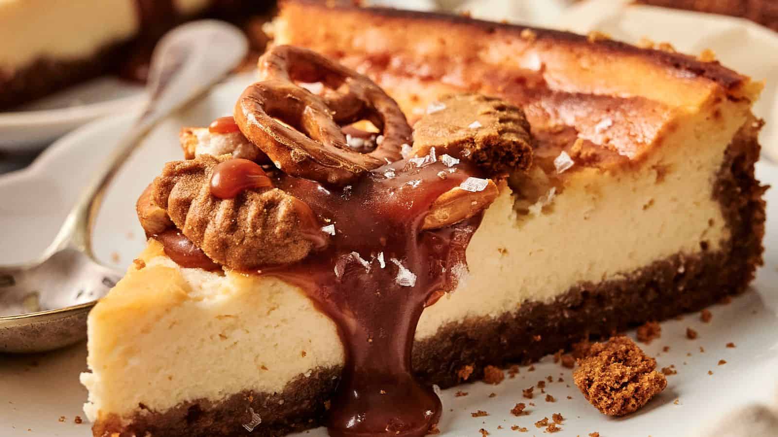 Slice of cheesecake topped with caramel, pretzel, pecan, and sea salt on a plate, with a spoon beside it.