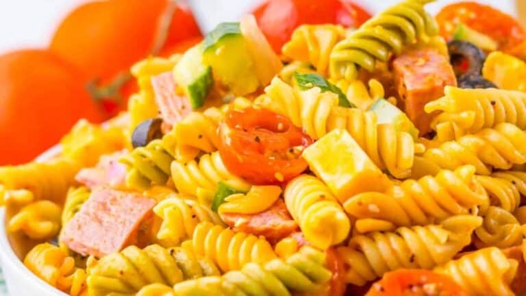 Italian Pasta with Salami on a bowl.