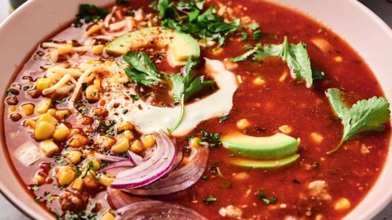 Taco Soup on a bowl topped with avocado slices.