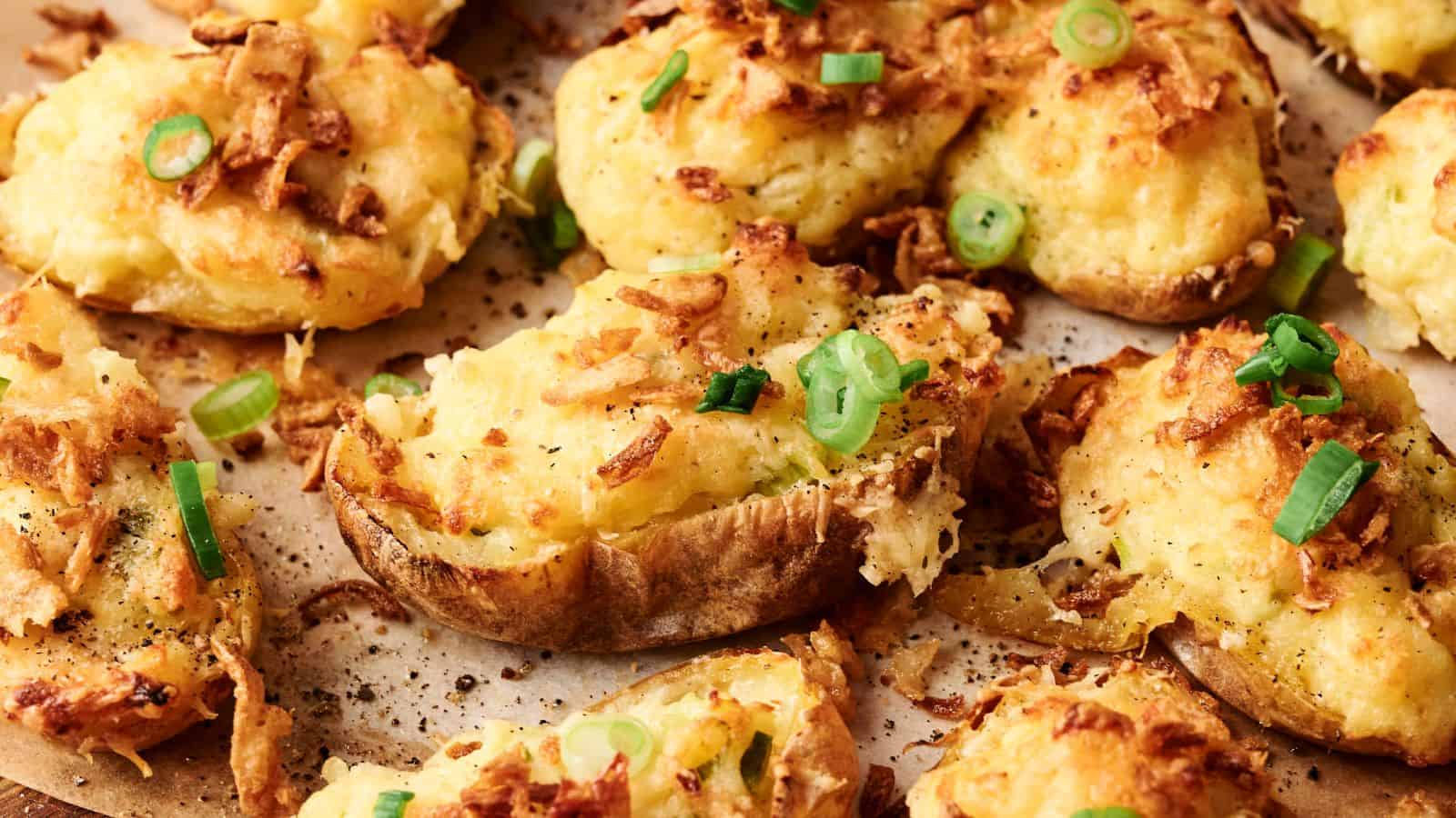 Twice-baked potatoes topped with cheese, green onions, and crispy fried onions on a baking sheet.