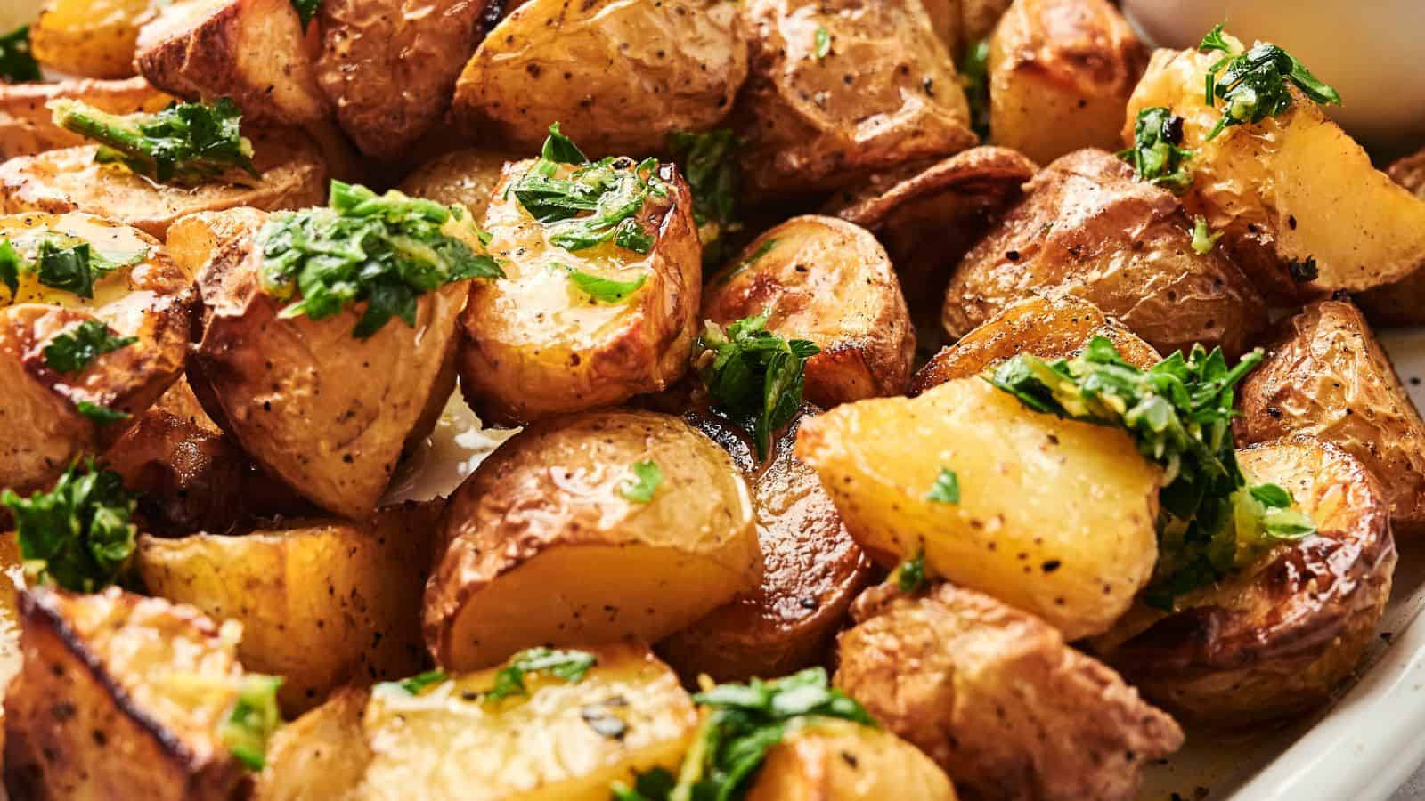 Close-up of vegan roasted potato wedges garnished with chopped parsley. The potato skins are slightly crispy and browned, with visible seasoning.