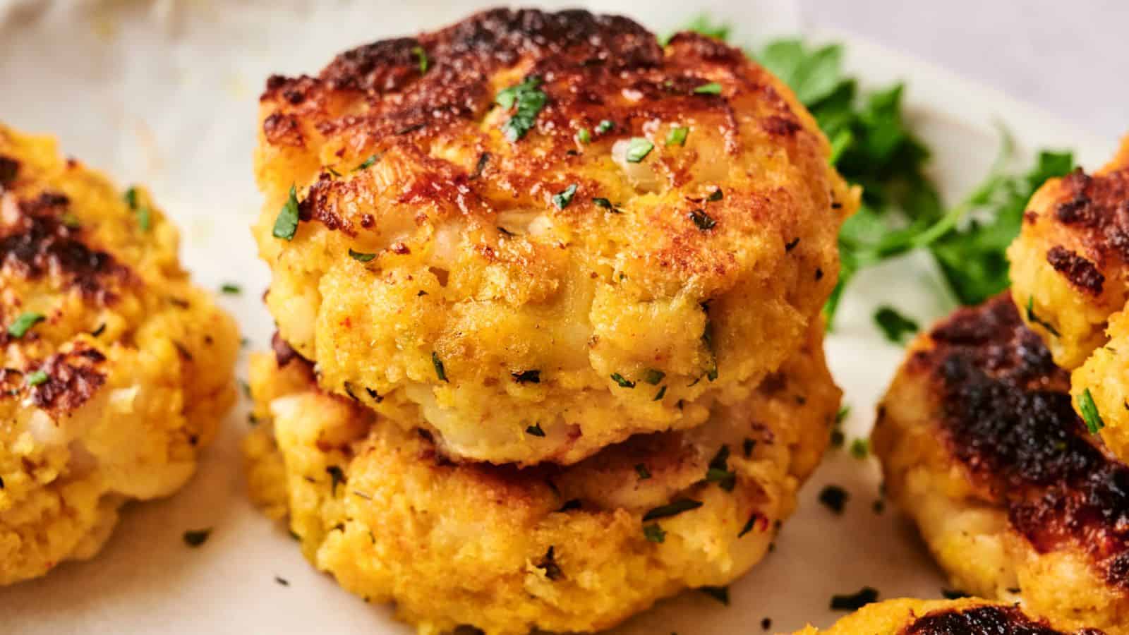 Close-up of golden-brown Maryland crab cakes garnished with herbs on a white plate, complemented by a fresh parsley garnish.