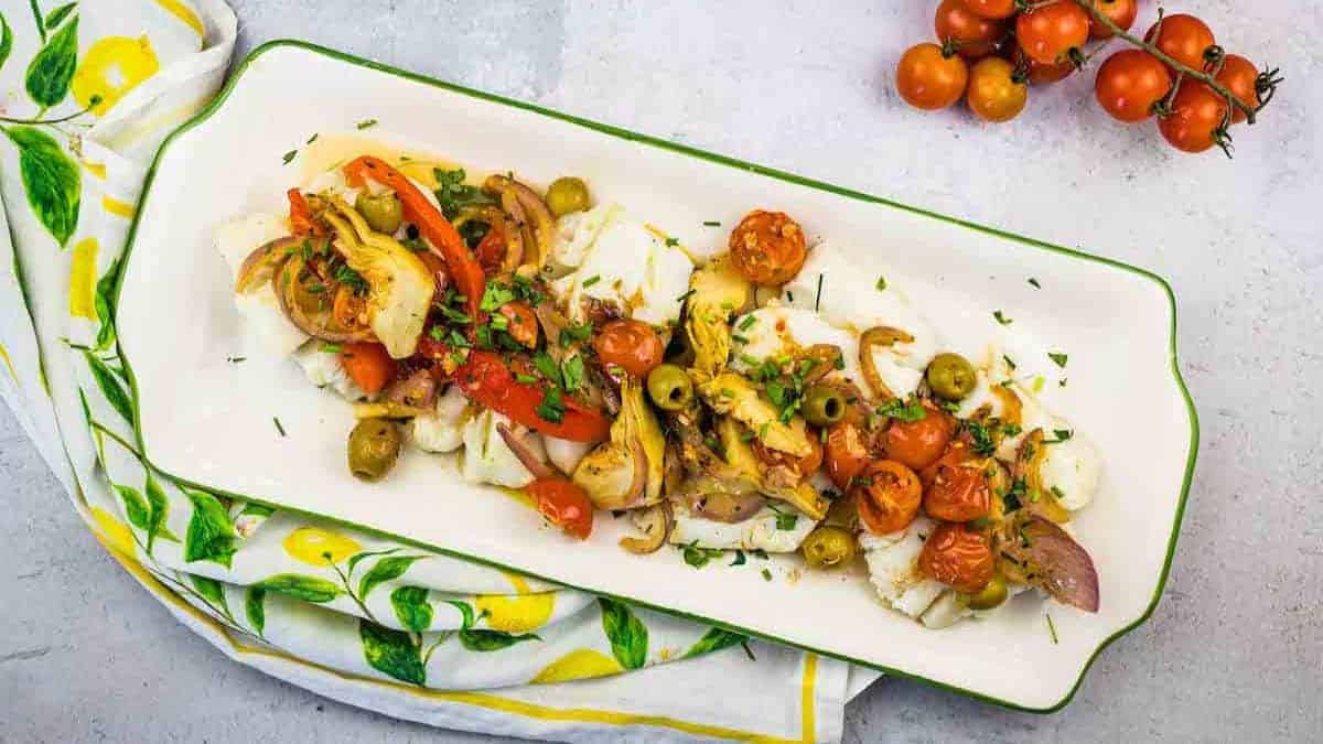 Mediterranean cod on a rectangular platter.