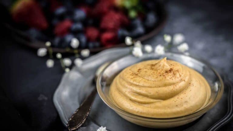 Peanut Butter Mousse iniside glass bowl.