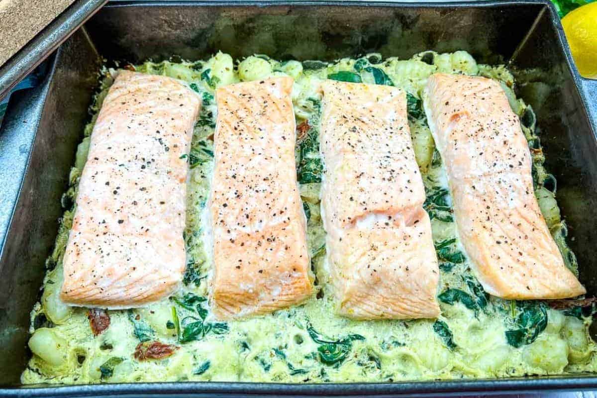 Salmon Gnocchi Bake on a casserole dish.