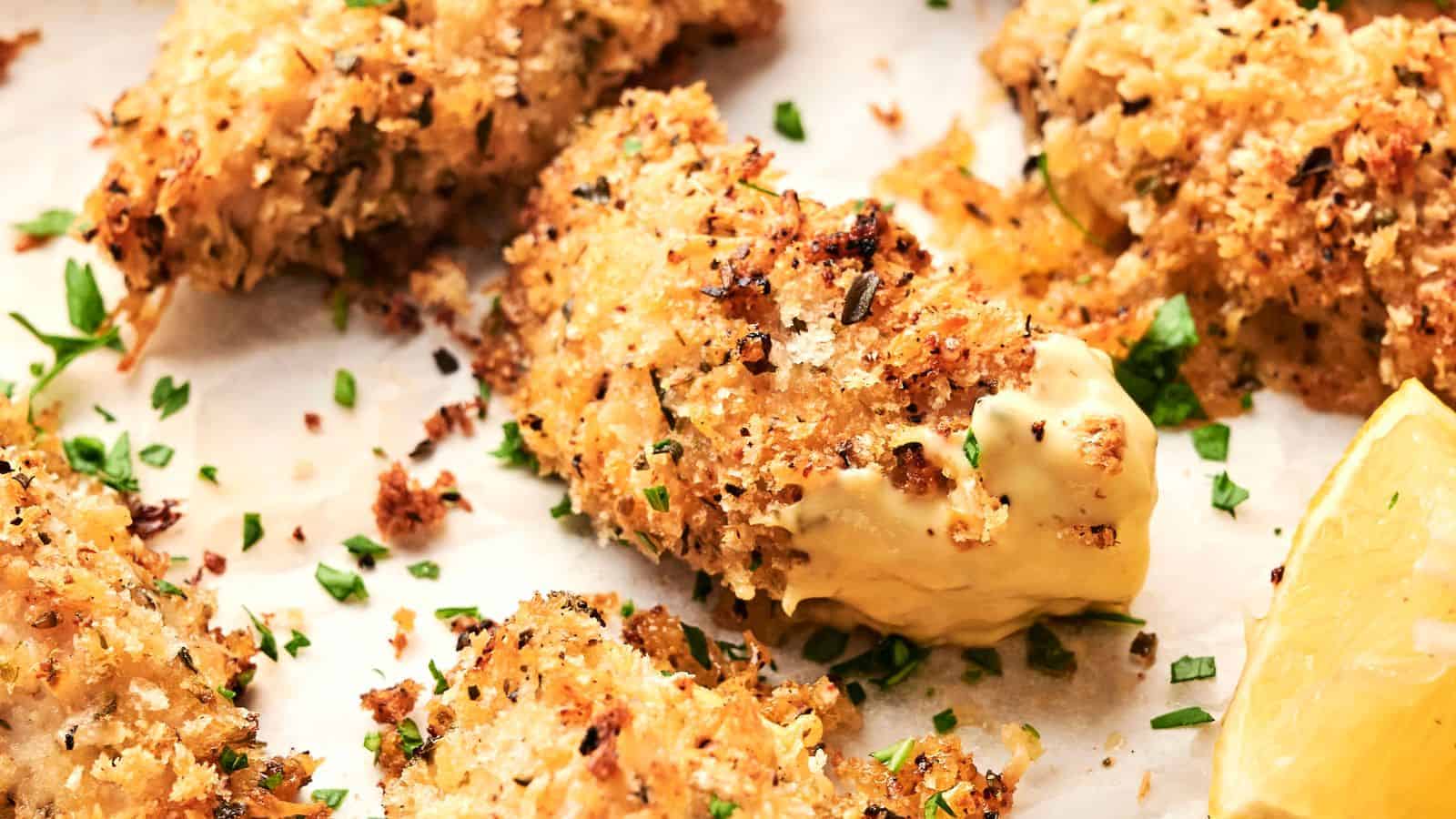 Close-up of crispy, Sheet Pan Parmesan Crusted Chicken pieces garnished with chopped herbs and served with a lemon wedge. The pieces are placed on a parchment-lined surface.