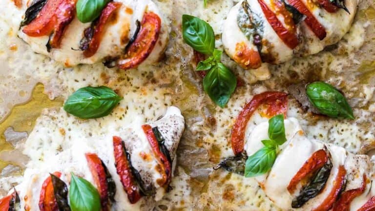 Stuffed Caprese Chicken Hasselback in a close-up.