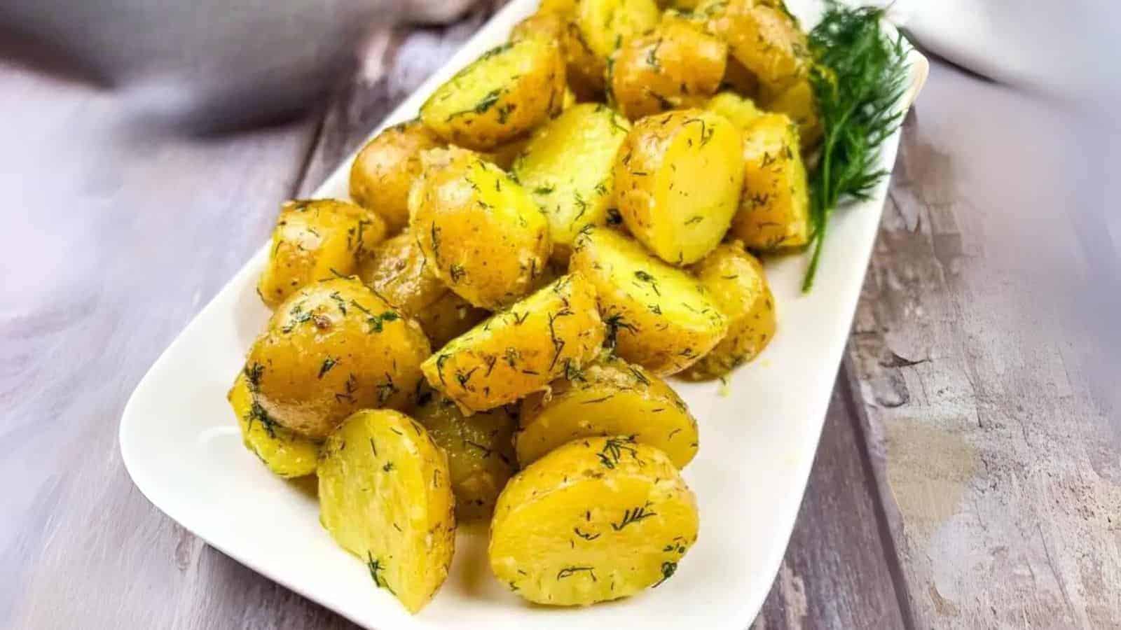 Ukrainian Potatoes on a white plate.