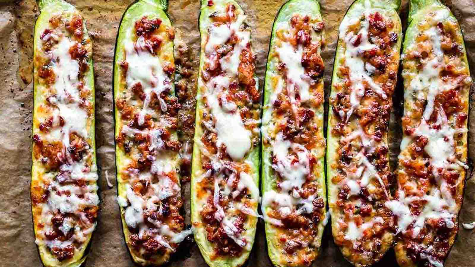 Zucchini Boats with Bacon on a baking paper.