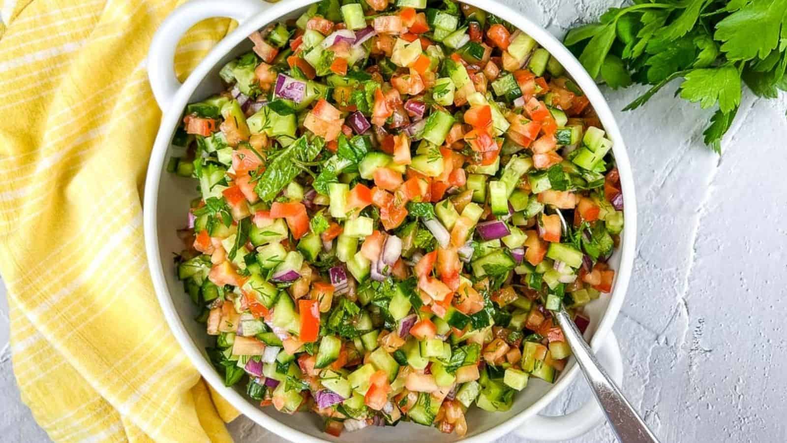 Shirazi Salad in a white serving bowl.