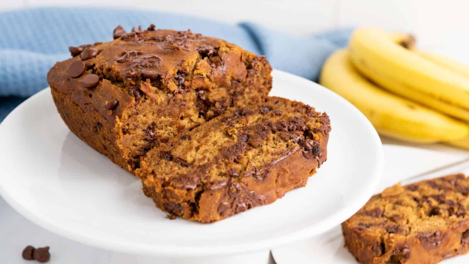 A gluten-free banana chocolate cake on a plate.