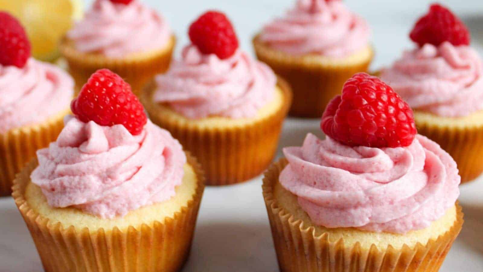 Vanilla and lemon cupcakes with swirled pink raspberry buttercream frosting, each topped with a fresh raspberry, arranged closely together.