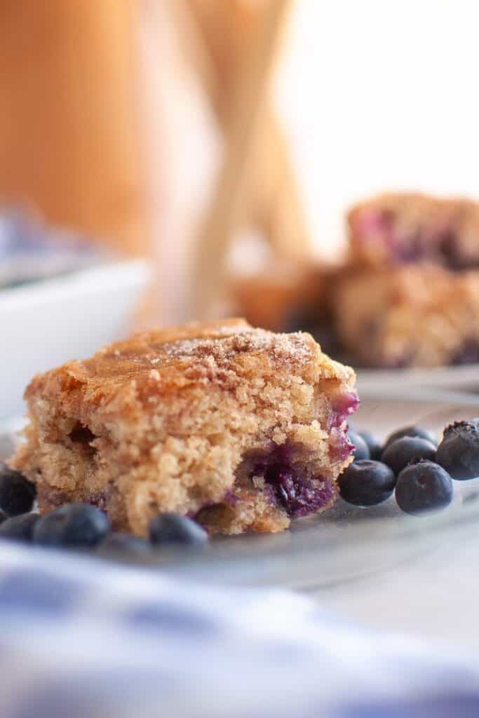 A slice of Blueberry Boy Bait on a glass plate, featuring a golden, cinnamon-sugar-dusted top and a soft, moist crumb with baked-in juicy blueberries.