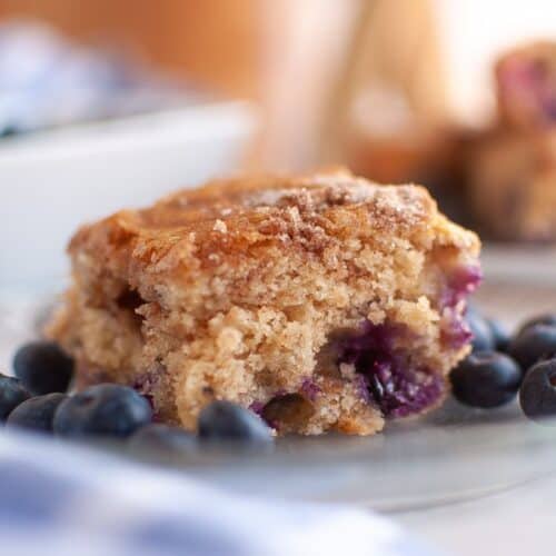 A slice of Blueberry Boy Bait, a cinnamon-sugar-topped coffee cake with a moist crumb and juicy blueberries, sits on a glass plate surrounded by fresh blueberries.
