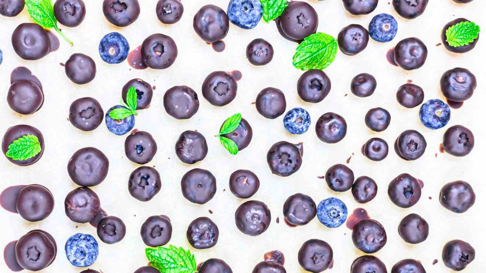Chocolate covered blueberries on a white background.