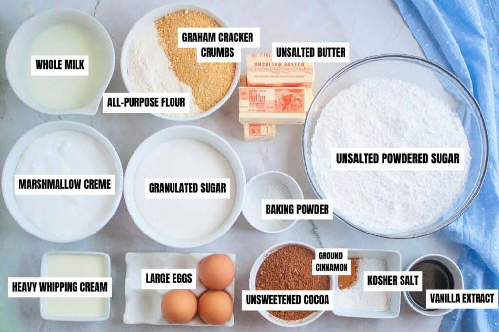 An overhead view of labeled ingredients for Graham Cracker Cake, including graham cracker crumbs, flour, sugar, eggs, butter, cocoa, cinnamon, vanilla extract, and other baking essentials, arranged in bowls on a marble surface with a blue cloth in the background.