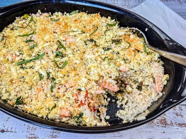 Greek Shrimp and Rice on a casserole dish.