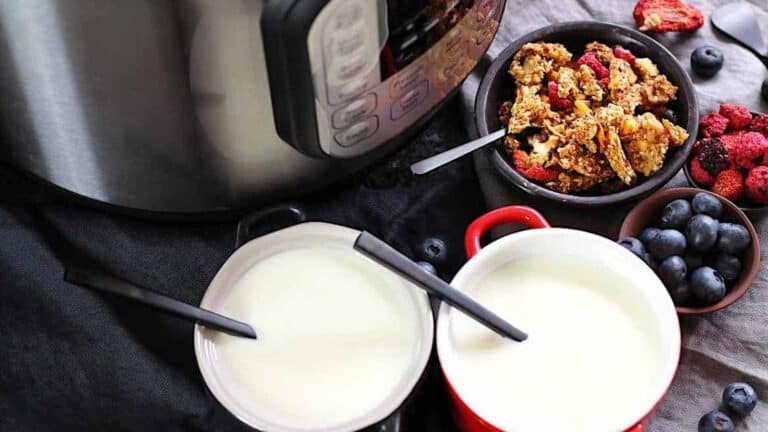Yogurt inside bowls with instant pot behind.