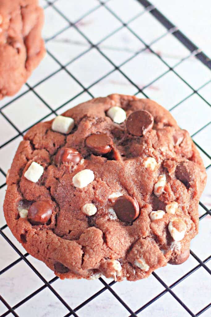 A close-up of a hot cocoa cookie, packed with chocolate chips and mini marshmallows. Rich, fudgy, and irresistibly soft.