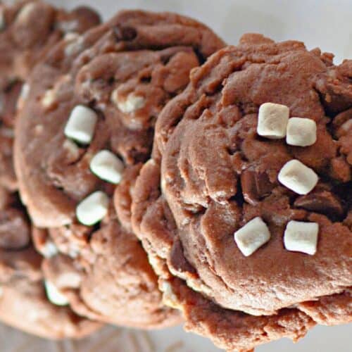 A close-up of freshly baked hot cocoa cookies, loaded with chocolate chips and topped with mini marshmallows. The cookies have a rich, chocolatey texture with a slightly crisp edge and a soft, gooey center.