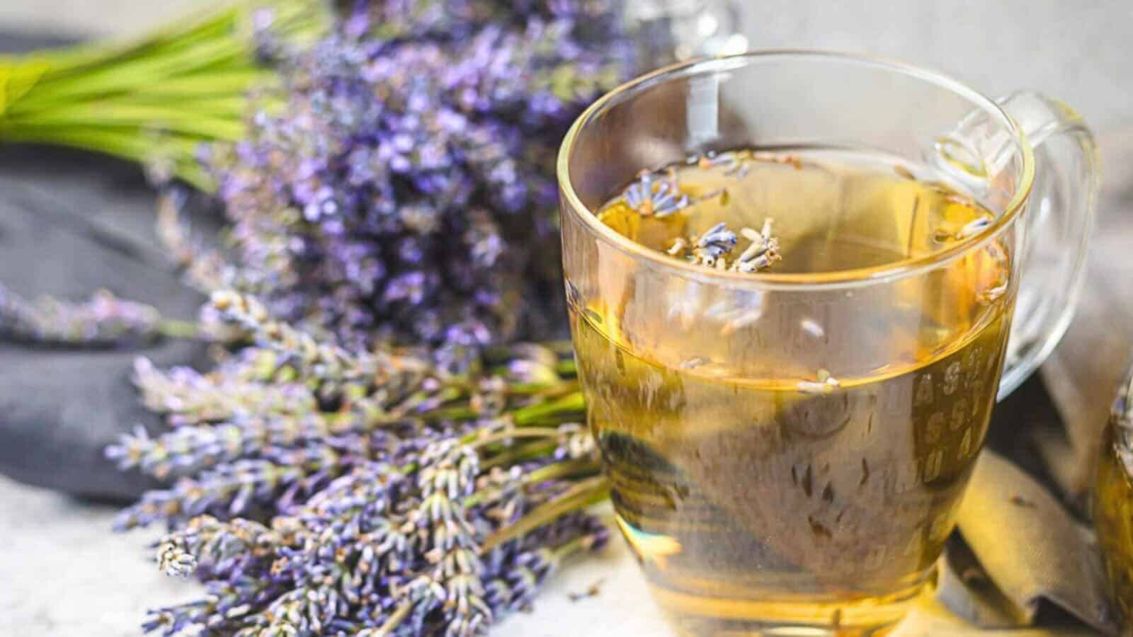 A glass mug filled with lavender tea.