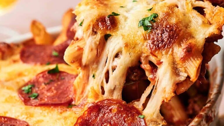 A close-up of a baked pasta dish with melted cheese, pepperoni slices, and herbs, showing a serving being lifted, revealing gooey cheese strands.
