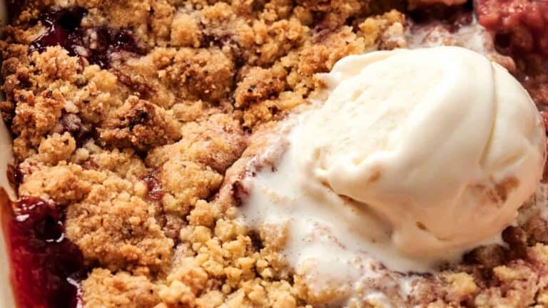 A close-up of a fruit crumble dessert topped with a scoop of vanilla ice cream.