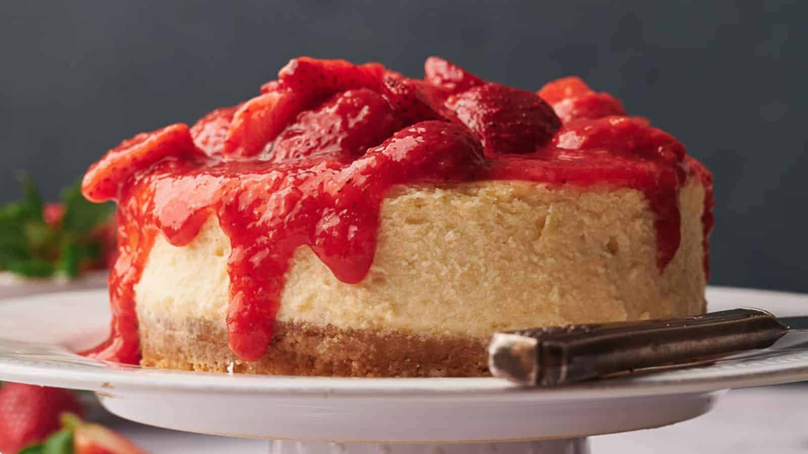 A slice of strawberry-topped cheesecake is being lifted above the rest of the cake, showing a graham cracker crust and creamy filling.