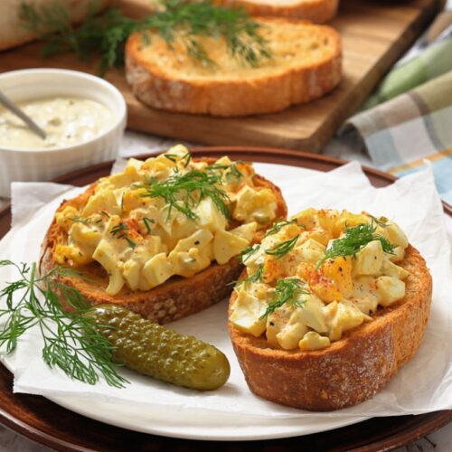 Two slices of toasted bread topped with creamy deviled egg salad and fresh dill, served with a pickle on the side.