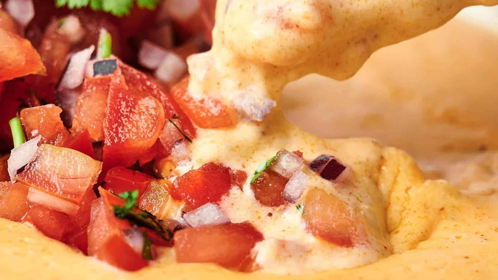 A tortilla chip is dipped into a skillet of cheesy ground beef and tomato dip, with melted cheese stretching between the chip and the dip.