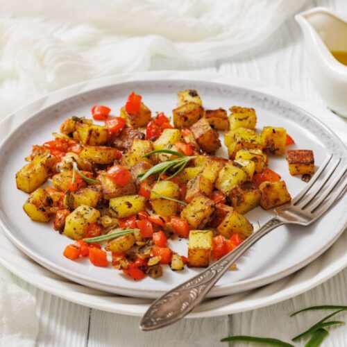 Plate of roasted potatoes with red bell peppers and herbs on a white dish, accompanied by a vintage fork. Olive oil in a gravy boat is in the background.