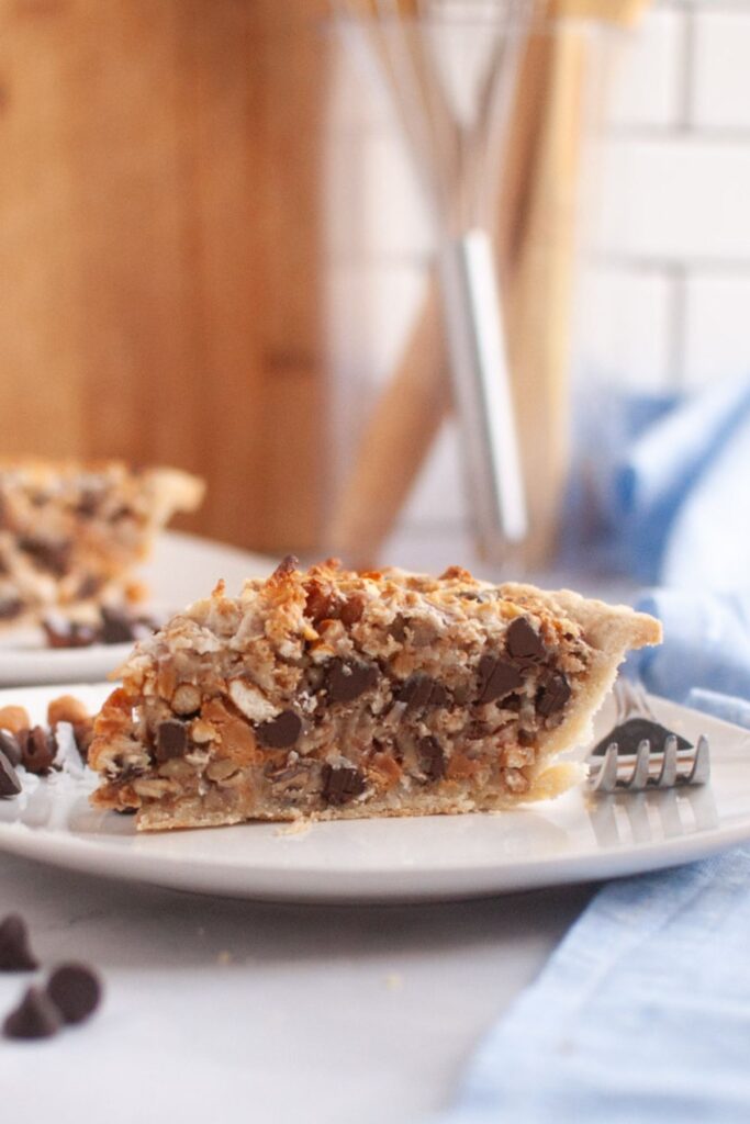 A slice of pie on a white plate, filled with chocolate chips, nuts, and coconut. A fork rests nearby.