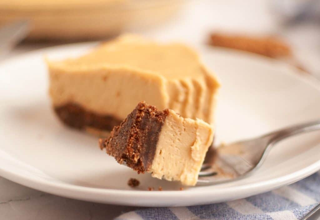 A slice of creamy dessert on a white plate, with a fork holding a bite-sized piece. The dessert has a brown crust and sits on a blue-striped cloth.