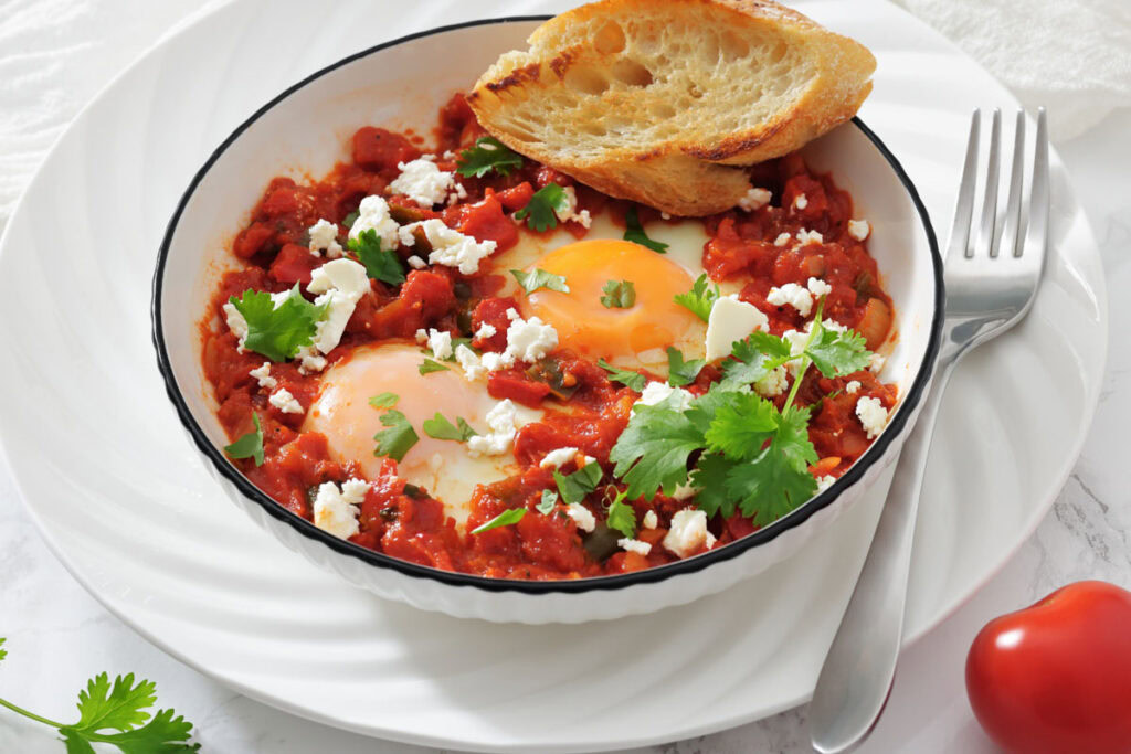 A dish of shakshuka with poached eggs in a spicy tomato sauce, garnished with feta and cilantro. Served with toasted bread and a fork on the side.
