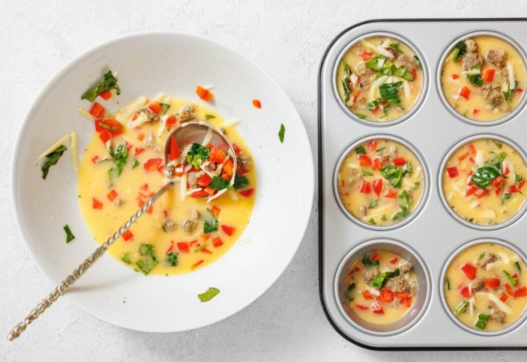 Egg mixture ladled into muffin tin cups