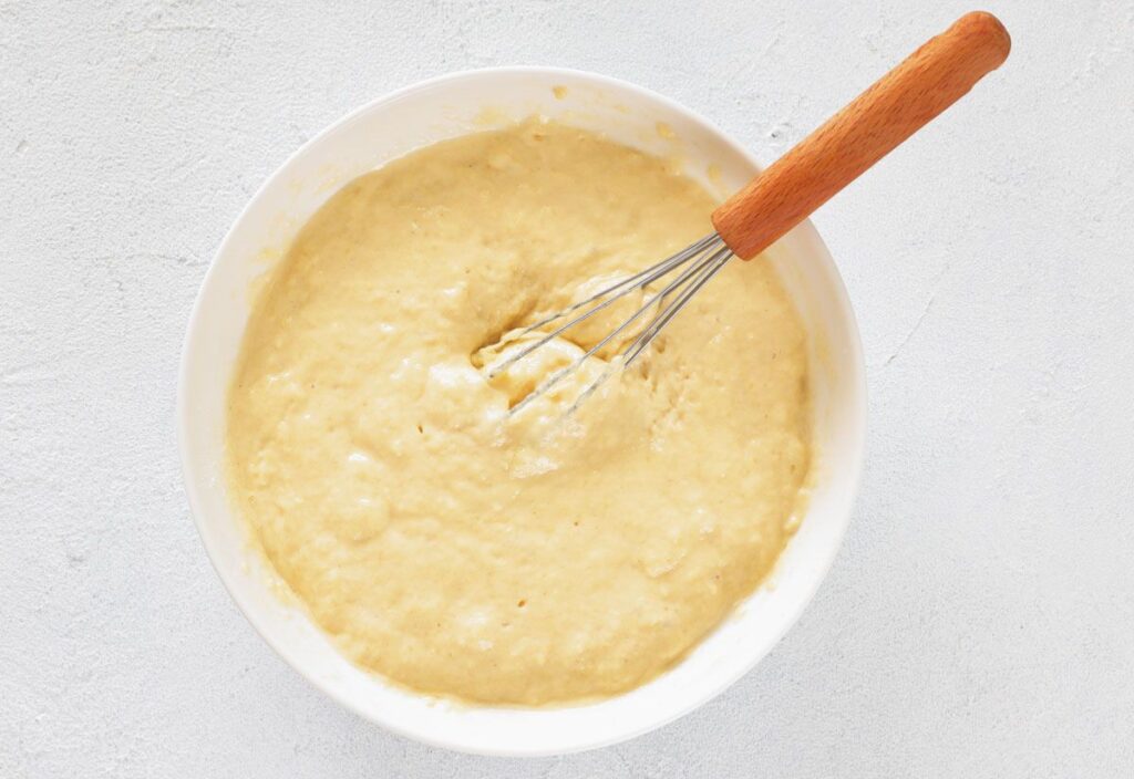 The final batter mixture, thoroughly whisked and ready for further use.