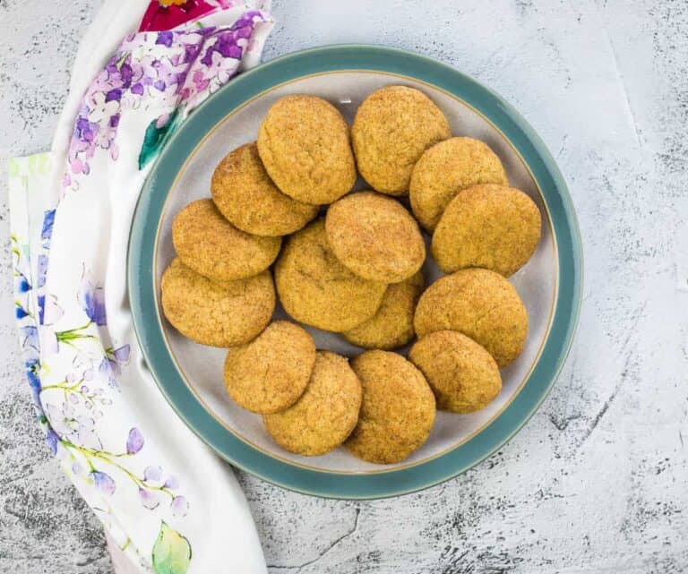 Pumpkin Snickerdoodles on a circle grey and blue plate.