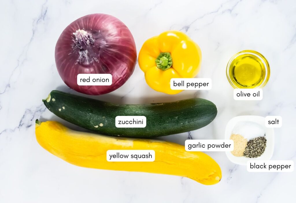 Top view of all the ingredients needed to make Broiled Veggies.
