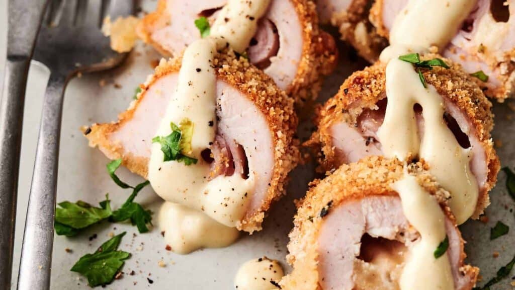 Sliced breaded chicken rolls filled with ham and cheese, topped with creamy sauce and garnished with chopped parsley on a plate.