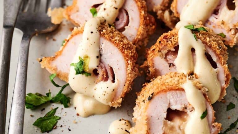 Sliced breaded chicken rolls filled with ham and cheese, topped with creamy sauce and garnished with chopped parsley on a plate.