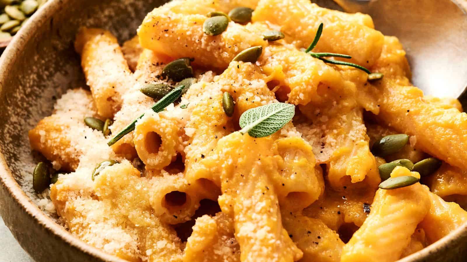 A bowl of rigatoni pasta with creamy sauce, topped with grated cheese, pumpkin seeds, and sprinkled with herbs.
