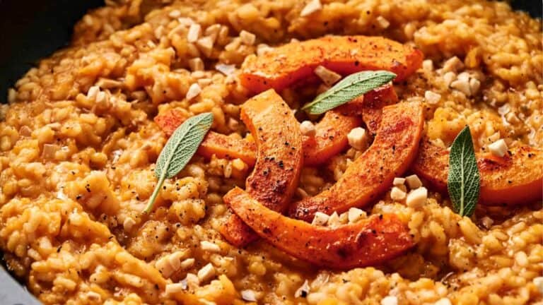 A close-up of vegan pumpkin risotto, topped with roasted pumpkin slices, sage leaves, and chopped nuts.