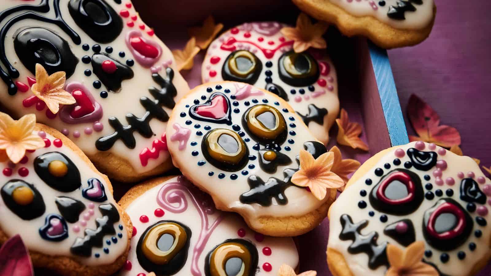 Decorated sugar cookies shaped like skulls with colorful icing, designed to resemble traditional Dia de los Muertos sugar skulls, are arranged with small decorative leaves.